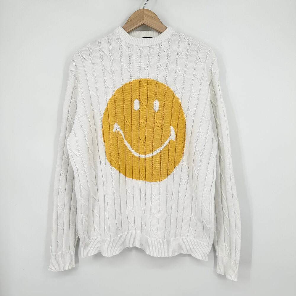 Joshua Sanders x Smiley Unisex Smile Chunky Cable Knit Sweater Crew Neck, White - Picture 5 of 14